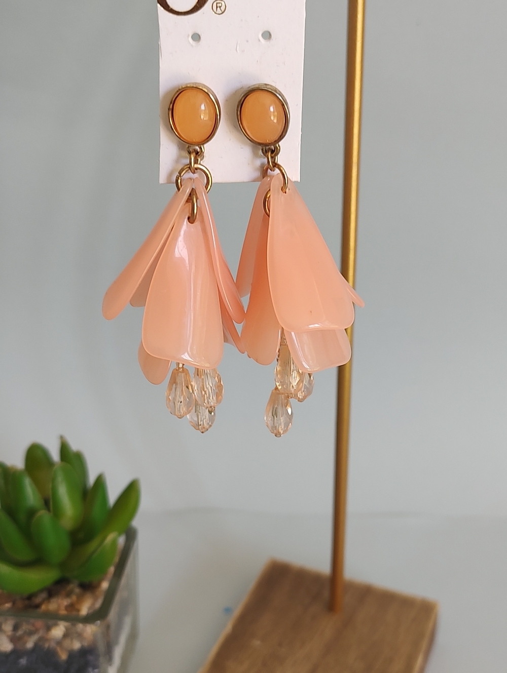 Avon Peach Petal Dangle Earrings - Peach and Clear